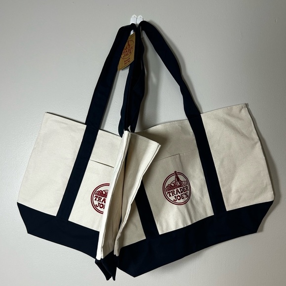 Lot of 2 Trader Joe’s Canvas Tote Bag Navy Red Grocery Shopping Eco Reusable NWT - Picture 3 of 10